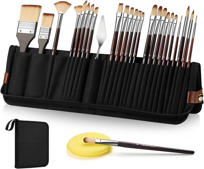 REDSHELL 26pcs Paint Brush Set, Travel Watercolor Acrylic Paint Brushes with Flat, Filbert, Fan, Dagger, Cat Tongue, Round, Palette Knife, Professional Paintbrush Kit for Artist, Oil, Face Painting - Image 1